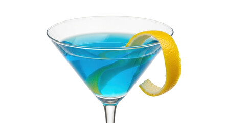 Isolated blue cocktail beverage with lemon peel swirl for tropical summer drink menu idea