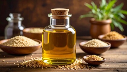 Sesame Oil in Glass Bottle with Seeds.