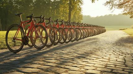 Row of red bicycles parked on cobbled path under warm sunlight in park setting. Scene expresses eco-friendly transport, leisure, and quiet order with copy space included.