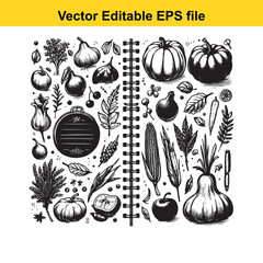 Vector art of handdrawn sketch of autumn harvest vegetables and fruits