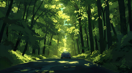 A car driving down a road through a dense forest with sunlight filtering through the trees above it
