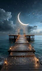 Fantasy Night Scene of a Wooden Pier Leading to a Sparkling, Glowing Crescent Moon Gate over the Ocean, Illuminated by Magical Lanterns and Starlight.


