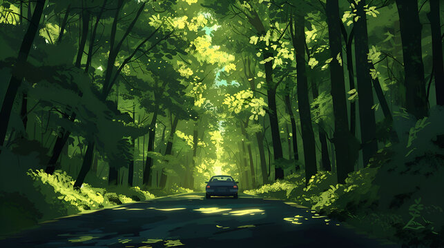 A car driving down a road through a dense forest with sunlight filtering through the trees above it