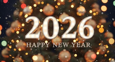 Festive new year 2026 greeting with glowing bokeh lights and christmas ornaments celebrating the upcoming year