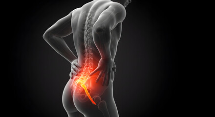 3D Medical Illustration of Intense Lower Back Pain with Glowing Red Inflammation Highlighting Sciatic Nerve on Dark Background