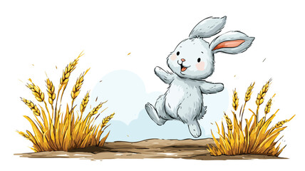 Playful Bunny Jumping in Vibrant Field - Cartoon Vector Illustration