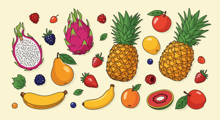 A colorful hand-drawn collection of various fresh fruits including pineapple, banana, and berries.