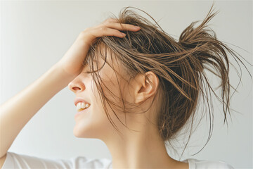 Fototapeta premium Close-up of a young smiling woman brushing back her hair, set against a clean light background with ample copy space. Concept of natural beauty, joy, and everyday lifestyle.