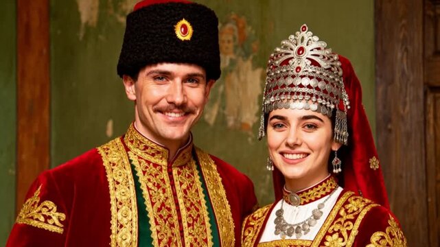  Retrato fotorrealista a color de una pareja de época en trajes tradicionales otomanos/balcánicos ricamente bordados