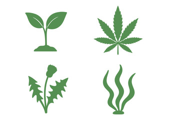 Vector plant icon set with cannabis, sprout, dandelion, and seaweed symbols. Green silhouette collection for nature, growth, weed, marijuana, hemp, and eco concepts.