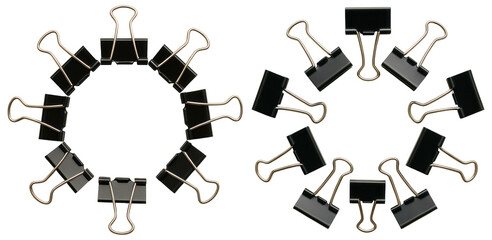 A circular arrangement of black binder clips showcases their metallic arms and distinct shape in a visually striking design.