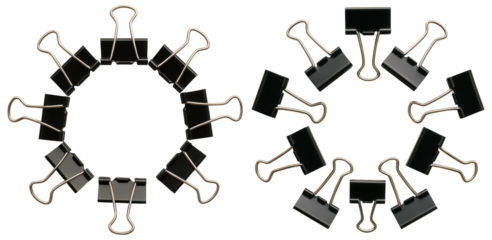 A circular arrangement of black binder clips showcases their metallic arms and distinct shape in a visually striking design.