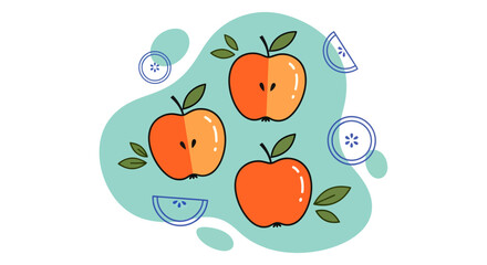 A vibrant illustration featuring three stylized apples, two of which are cut in half to reveal their seeds, surrounded by abstract organic shapes and decorative fruit slices.