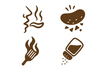 Food icon set for taste and flavor. Vector logo collection for crunchy snacks, spicy grill, and seasoning. Hot food, bbq fork, salt shaker, and crispy potato chip symbols.