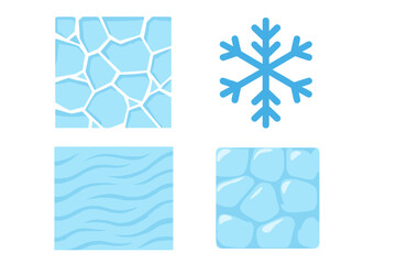 Vector set of ice and frozen textures. Collection of winter patterns, snowflake symbol, ice cubes, cracked ice, and water waves. For background, design and decoration.