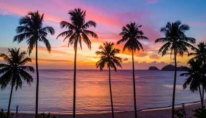 Obraz premium Vivid sunset paints the sky above a tranquil beach lined with silhouetted palm trees and calm ocean waves