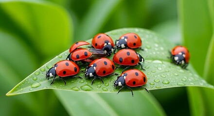 Obraz premium A Group of Red Ladybugs on a Wet Green Leaf.