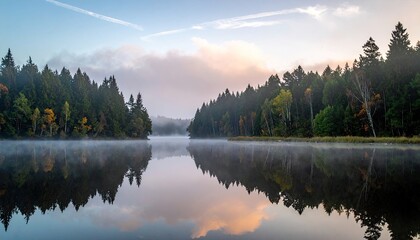 Fototapeta premium Misty Lake Reflection With Dense Forest and Soft Light at Dusk Scenery Landscape in a Natural Setting With Calm Waters And Clear Sky Reflection