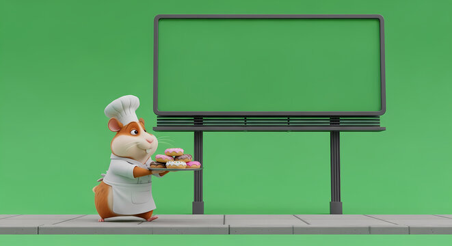 Cute Cartoon Hamster Chef Holding a Plate of Donuts Below a Blank Green Screen Billboard