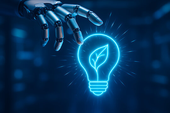 3d render of a robotic hand reaching for a glowing light bulb with a leaf icon, symbolizing green energy and the integration of technology with nature