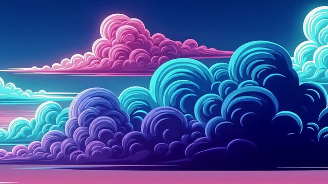 Luminous, stylized clouds in neon pink, purple, and cyan drift across a serene, deep blue sky in a fantasy landscape