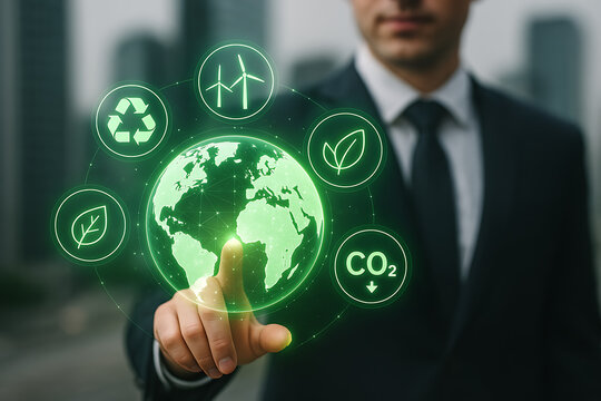 Businessman pointing at a virtual screen with the globe surrounded by neon icons for sustainability, including wind power and CO2 reduction, showcasing eco-friendly technology