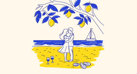 A romantic couple embraces on a sandy beach under a lemon tree with wine and oysters.