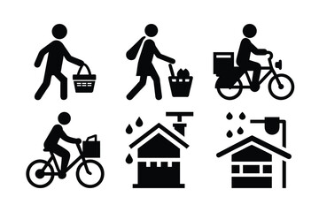 Pictogram Collection Showcasing Shopping, Delivery, and Weather Conditions in a Stylized Format, Perfect for Icons and Symbols