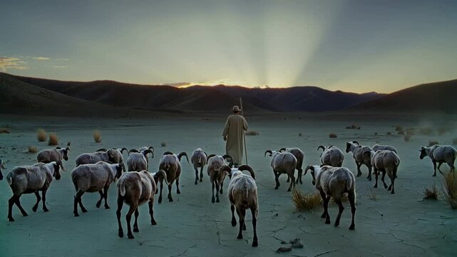Pastor solitario guiando un rebaño de ovejas a través de vastas llanuras secas