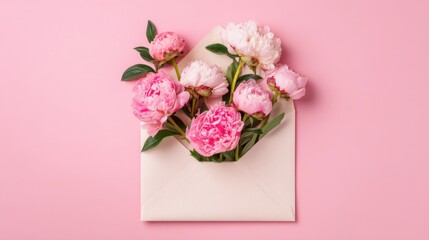 Fototapeta premium Fresh pink peonies are elegantly arranged inside a white envelope set against a soft pink backdrop, creating a cheerful and inviting display. Perfect for gifting or celebration.