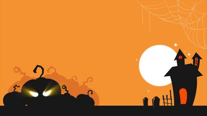 An animated cartoon-style Halloween background featuring glowing-eyed spooky pumpkins, a haunted house, a full moon, cobwebs, and a fun yet eerie feel. Perfect for seasonal motion graphics, party - Powered by Adobe