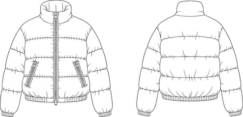 Puffer jacket flat sketch, front and back view, winter outerwear design, fashion technical drawing, vector template, detailed garment illustration