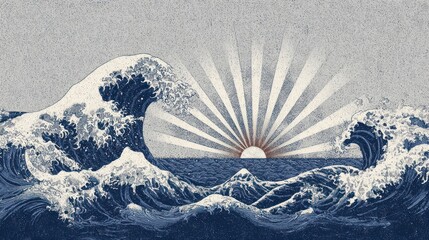Stylized wave art with sunburst ocean illustration in blue and white