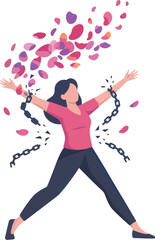 Woman breaking free from chains surrounded by floating petals