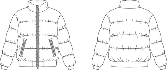 Puffer jacket front and back view, quilted winter coat design, high collar zipper closure, ribbed cuffs hem, blank apparel template illustration