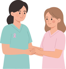 A caring nurse comforts a young patient with a gentle handhold