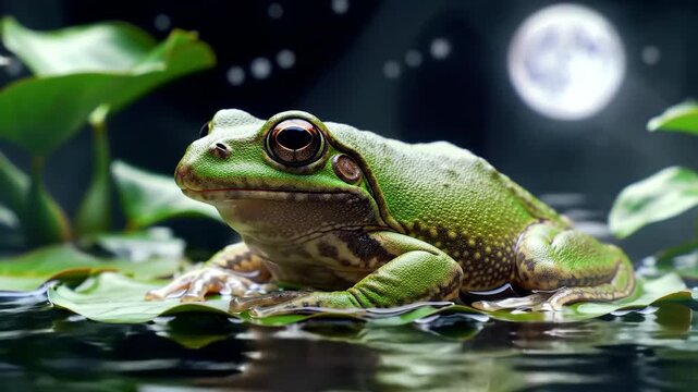 Green frog sitting on lily pad, moonlit pond at night with stars