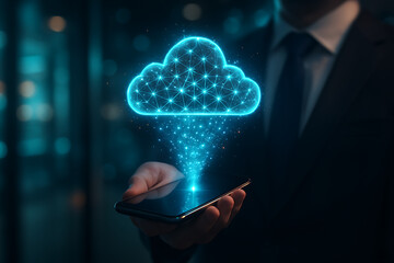Cloud computing and digital technology concept with data points coming out of a smartphone held by a business man in a dark background