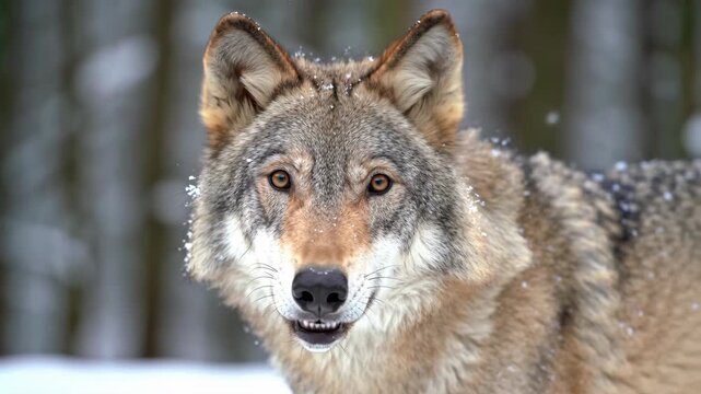 Portrait of wild wolf with snow on fur, in winter forest setting
