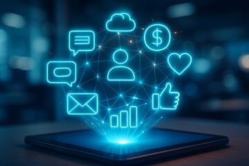 Social media and digital marketing network concept with various icons coming out of a tablet screen in a dark blurred environment
