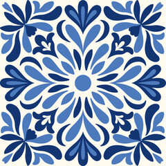 Mediterranean navy blue ornament. Seamless colorful Azulejo tiles. Elements of Portuguese and Spanish decor. Featuring Islamic, Arabic, Indian, and Ottoman motifs. Majolica with floral and leaf.