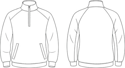 Pullover jacket flat sketch front and back view, half zip high collar, welt pockets, ribbed cuffs hem, fashion apparel template illustration © Ashik Creatives