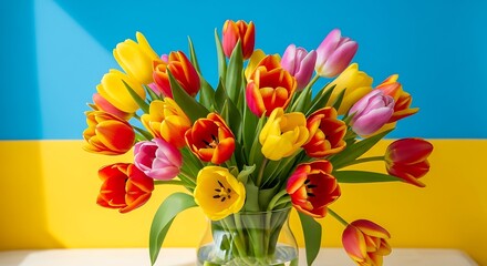 Vibrant tulip bouquet showcasing a mix of colors against a striking yellow and blue backdrop creating a celebratory