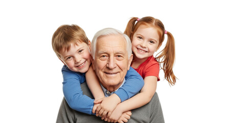Photo of happy grandfather with two grandchildren hugging him isolated on transparent background