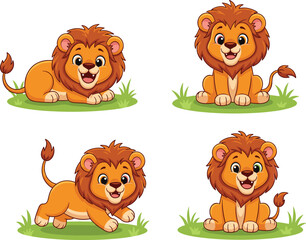 Cute cartoon baby lion cub illustration set, adorable animal mascot collection, playful jungle wildlife character design for kids, education and decoration