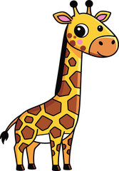 Fototapeta premium Cute cartoon giraffe illustration with big eyes, long neck, brown spots, yellow body, adorable jungle animal drawing, funny wildlife safari character