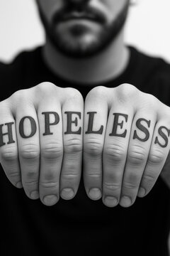 Black and white portrait crop of a bearded man presenting both fists toward the camera with the word hopeless across his knuckles expressing despair frustration emotional struggle and isolation