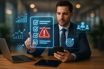 Businessman reviewing digital checklist with alert sign, graphs, and target icons, representing risk assessment, compliance, security, and task management in a corporate setting