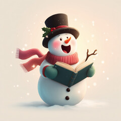 Festive Snowman Singing with Book on Neutral Background