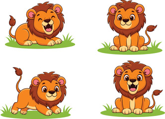 Cute cartoon lion cub character set, playful baby lion illustration, adorable jungle animal mascot design, wild nature wildlife artwork for kids